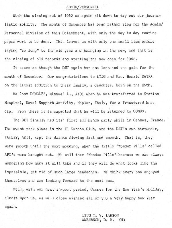 December 1962 Newsletter